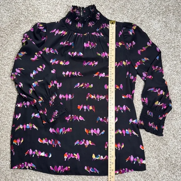 Kate Spade New York Womens Size S Bird Print Smocked High Neck Blouse Black - Picture 7 of 14